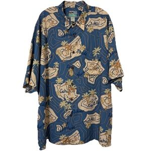 Reyn Spooner Blue and Tan Hawaiian Hawaii Map Print Casual Button Down Shirt XXL